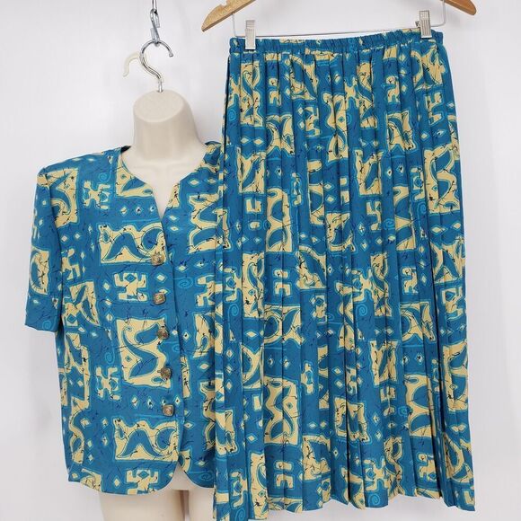 Vintage Leslie Fay Short Sleeve Skirt Set Pleated Midi Button Blouse - Picture 2 of 11